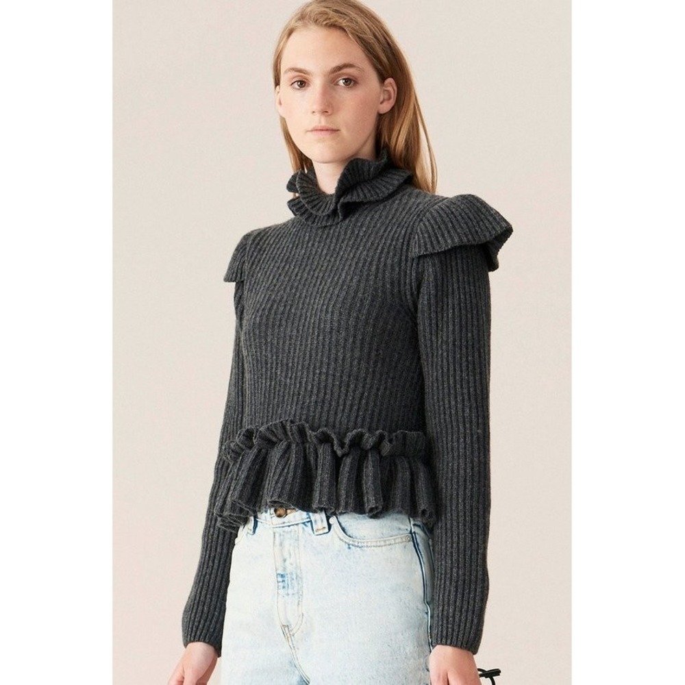 GANNI Gray Wool Blend Rib Ruffled Crop Open Back Sweater Peplum Women's Size M